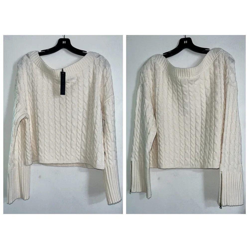 Alice + Olivia Ina Off White Wool Blend Cable Knit Pullover Sweater
